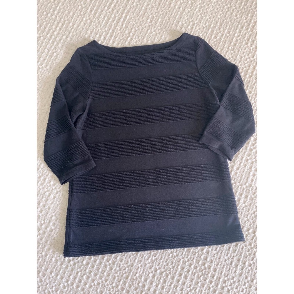 St Johns Bay Womens Petite Small Black Textured Stripe Boat Neck‎ 3/4 Sleeve Top